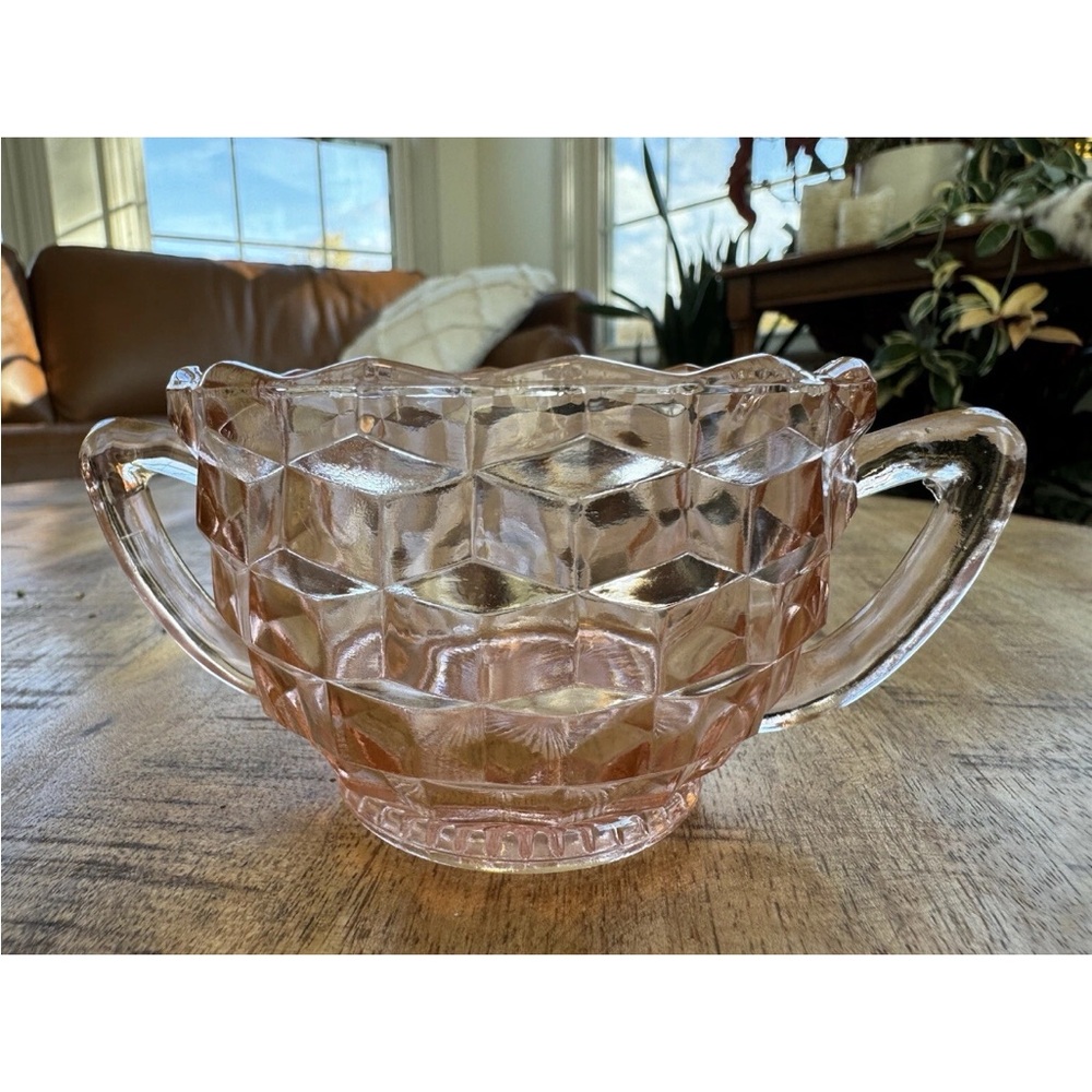 1930's Anchor Hocking Queen Mary Pink Depression Glass Double-Handle Sugar Bowl